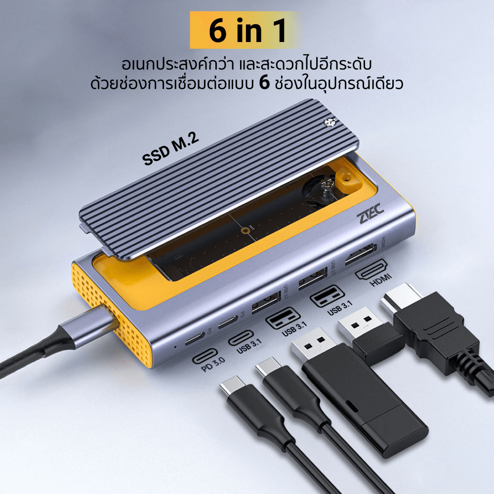 Portable M.2 (6in1) Docking Station ZTEC รุ่น ZD622 พอร์ต USB-C (ช่องการเชื่อมต่อ 6 ช่องในอุปกรณ์เดียว)_3